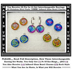 5/$20 Psychedelic Funky Fun Party Interchangeable Charm Earrings-5 Pairs in Set